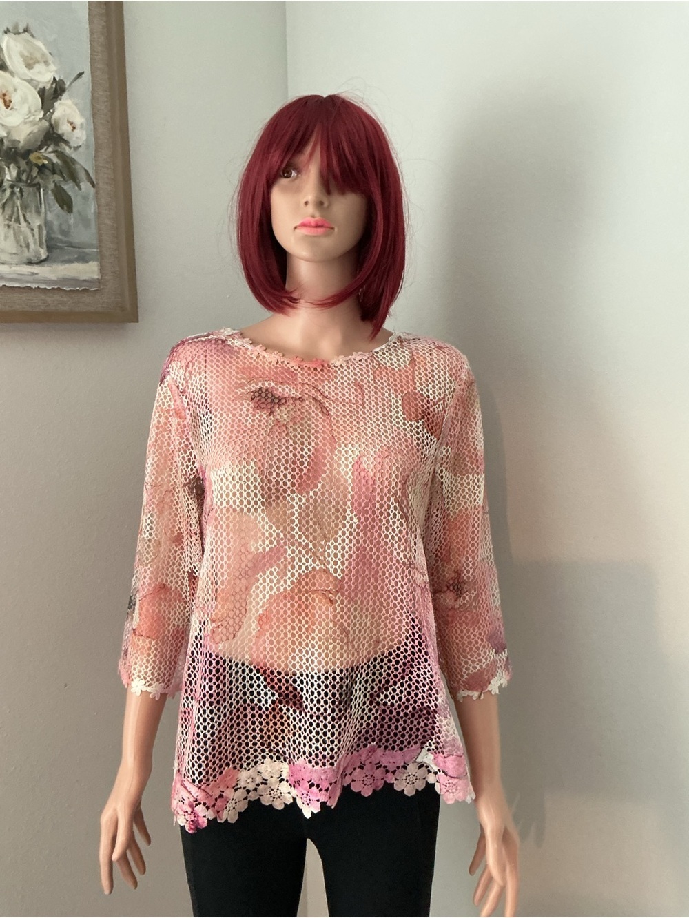 Alfred Dunner Pink Floral Sheer Crochet Top